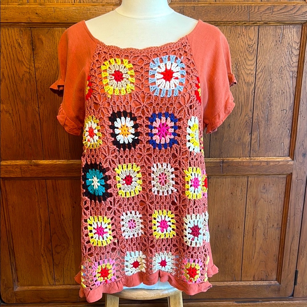 UMGEE🌻NWT⭐️Crochet Patterned Boho TOP Short Sleeve Dress in Small